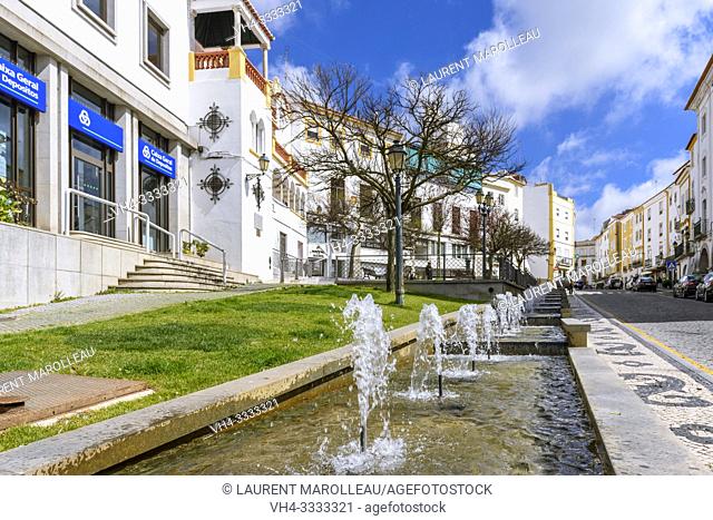 Garden with fountains in Cadeia Street, Garrison Border Town of Elvas and its Fortifications, Portalegre District, Alentejo Region, Portugal, Europe