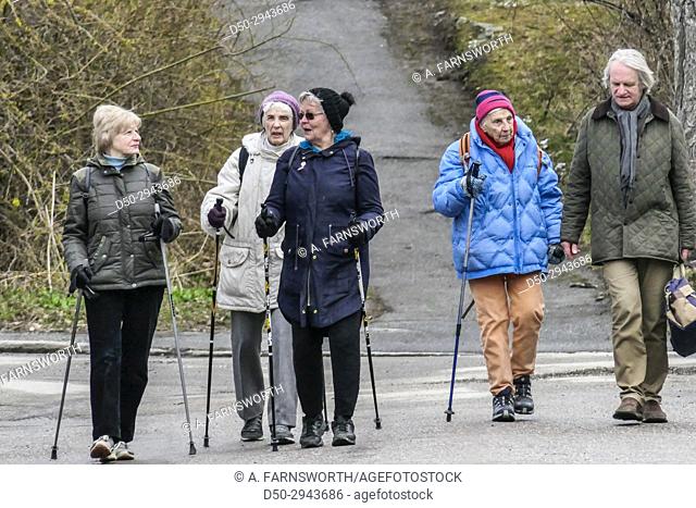 STOCKHOLM, SWEDEN Group of elderly retired women walk every Thursday through the neighborhood of Mälarhöjden to church-sponsored soup lunch at the local church