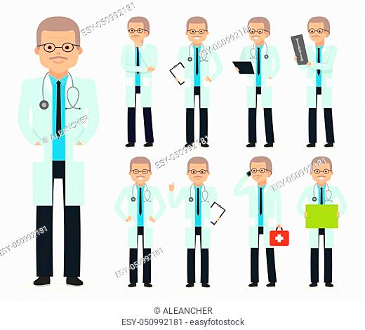 Doctor character creation set. The pediatrician, physician, medic. Icons with different types of faces, emotions, front, rear side