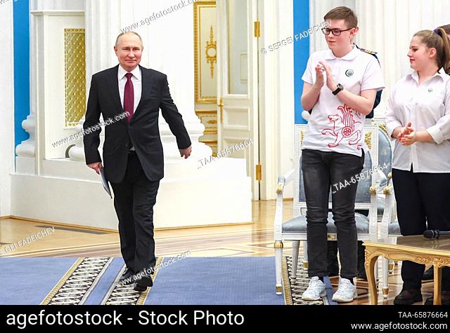 RUSSIA, MOSCOW - DECEMBER 18, 2023: Russia's President Vladimir Putin meets with winners and mentors of the Professionals national professional skills...