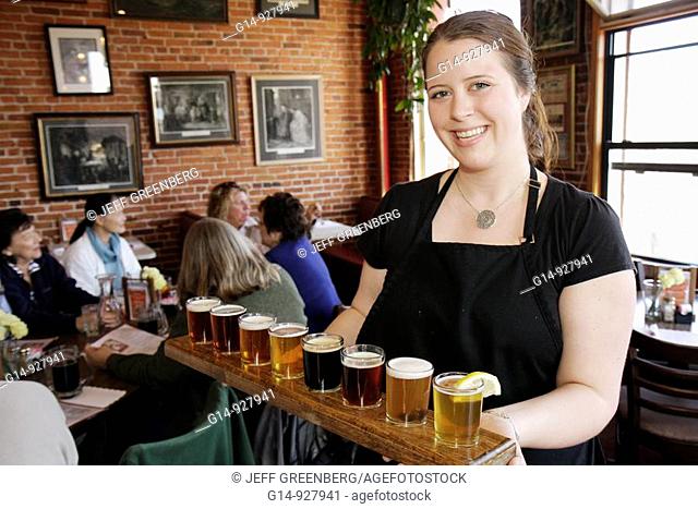 Michigan, Upper Peninsula, U P , UP, Lake Superior, Marquette, South Front Street, Historic Vierling Restaurant & and Harbor Brewery, sample beer, ale, woman