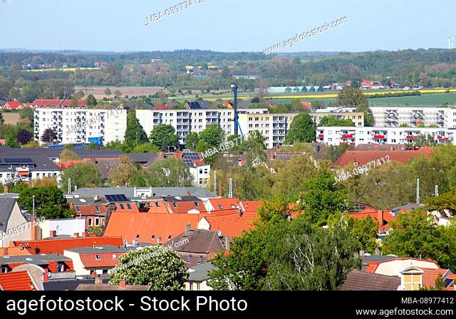 View of residential building from the tower of the Georgenkirche, Wismar, Mecklenburg-Vorpommern, Germany, Europe
