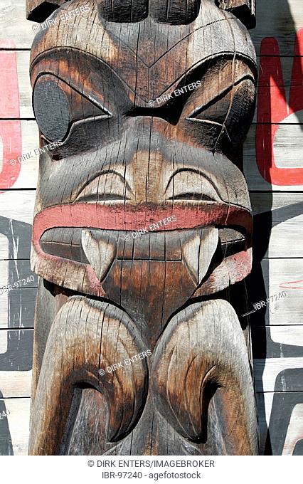Totem pole at Ksan Historical Village, British Columbia, Canada