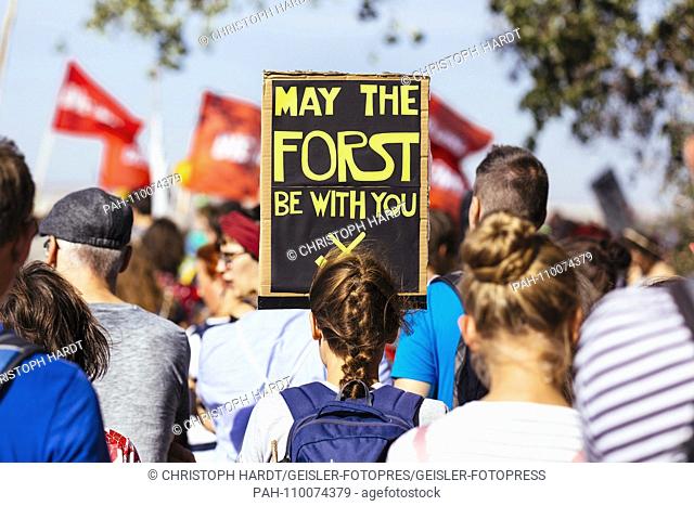 Protesters at the demo for climate protection and versus lignite mining 'Save the forest - stop coal' at Hambacher Wald near Koln. Buir, 06.10