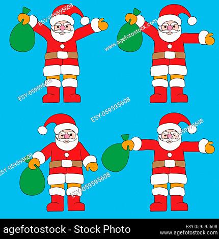 Hand drawn illustrations of Santa Claus at the gym, four different positions