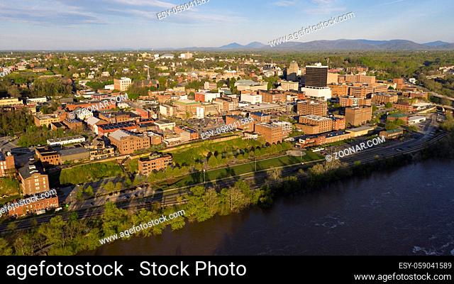 Aerial View of the James River flowing by the hill that holds lynchburg Virginia