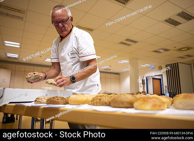 08 September 2022, Berlin: Michael Isensee, roll tester of the Deutsches Brotinstitut e.V. (German Bread Institute), lays out rolls of various types in the...
