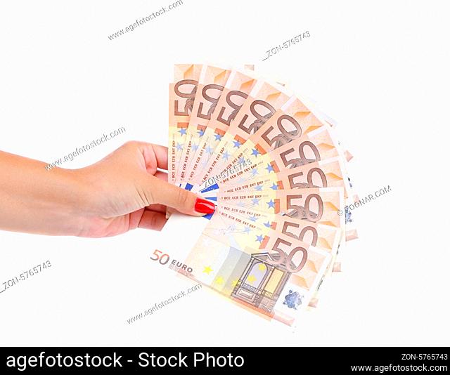 A picture of a hand holding fifty-euro notes