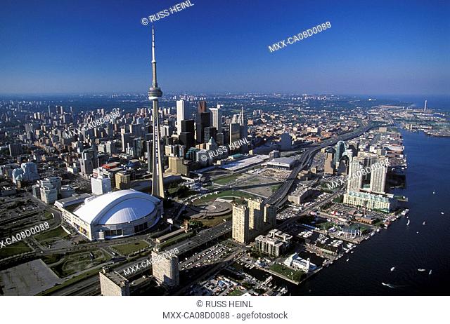 Aerial of Toronto, Ontario Canada showing the CN Tower and Skydome
