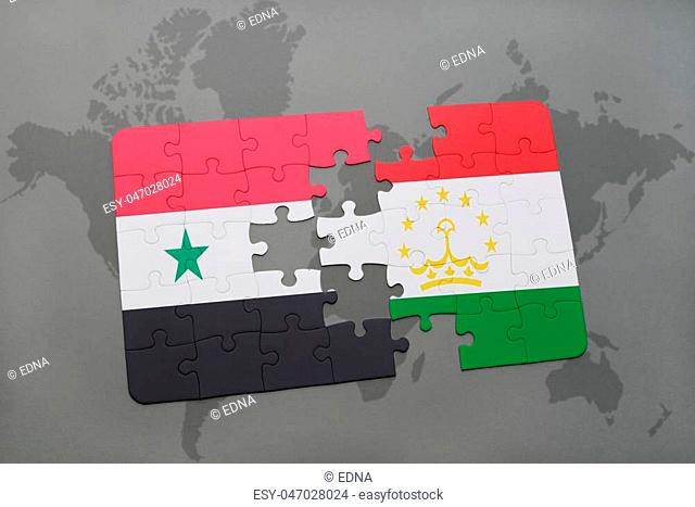 puzzle with the national flag of syria and tajikistan on a world map background. 3D illustration