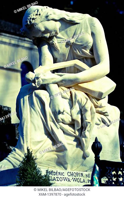 sculpture in Frederic Chopin grave  Pere Lachaise Cemetery  Paris, France, Europe