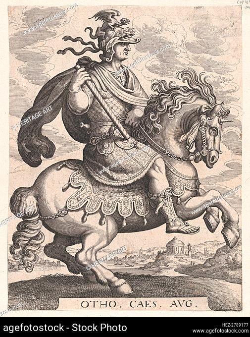 Plate 8: Emperor Otho on Horseback, from 'The First Twelve Roman Caesars', after Tempes.., 1610-50. Creator: Matthaus Merian