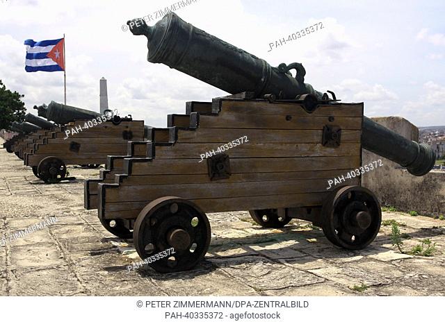 Historic cannons stand on the ramparts of fortress Castillo de los Tres Reyes del Morro in the Cuban capital Havana, Germany, 12 April 2013