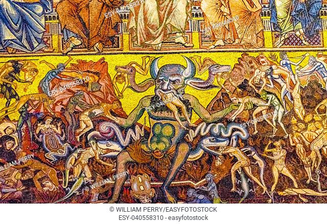 Devil Satan Eating Devouring Evil Sinners Mosaic Dome Bapistry Saint John Duomo Cathedral Church Florence Italy. Bapistry created 1050 to 1150