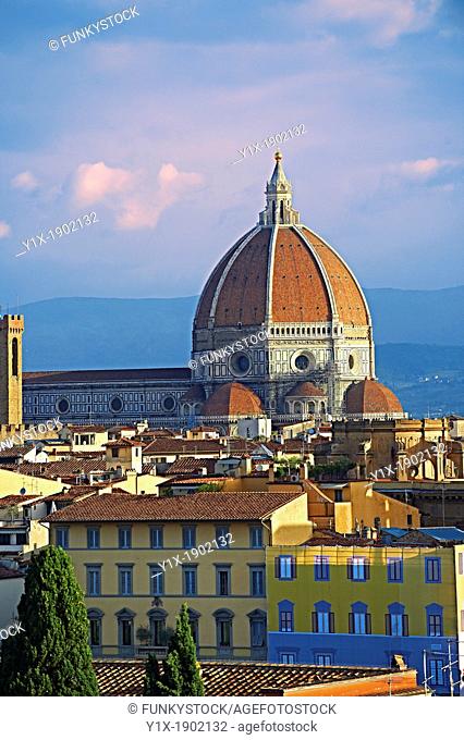 Rooftop view of the Gothic-Renaissance Duomo of Florence, Basilica of Saint Mary of the Flower, Firenza  Basilica di Santa Maria del Fiore  built between 1293 &...