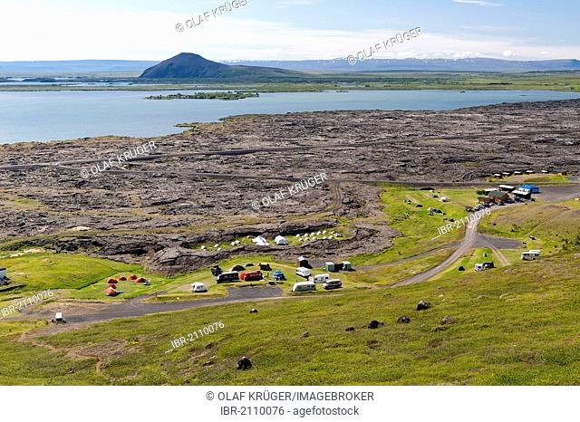 Camping site, Reykjahlíð or Reykjalid, lake Mývatn, northern Iceland, Europe