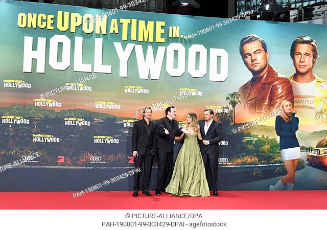 01 August 2019, Berlin: Actor Brad Pitt (l-r), director Quentin Tarantino, actress Margot Robbie and actor Leonardo DiCaprio come to the premiere of their movie...