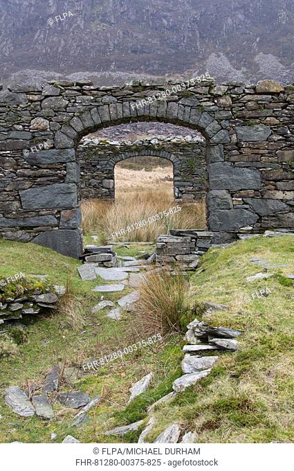Ruins in abandoned slate mine, Cwm Pennant, Snowdonia, Gwynedd, North Wales, february