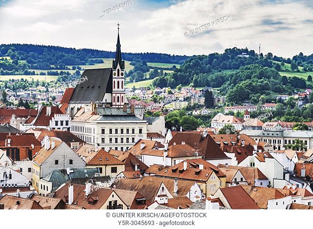The St. Vitus Church is located in the town of Cesky Krumlov on the Vltava River in Bohemia, Jihocesky kraj, Czech Republic, Europe