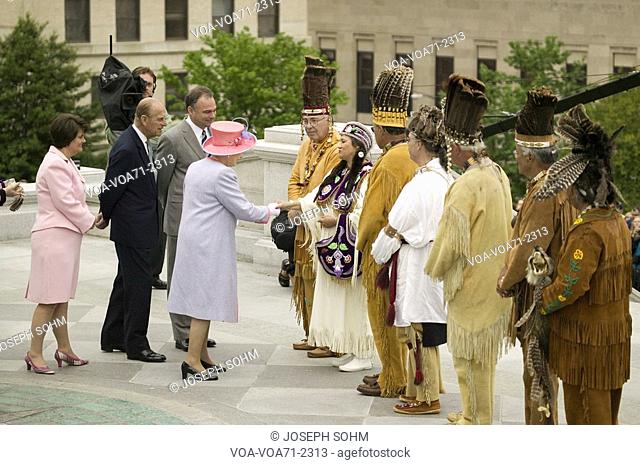 Her Majesty Queen Elizabeth II, Queen of England, the Duke of Edinburgh, Prince Philip, Governor Timothy M. Kaine and his wife Anne Holton meeting Native...