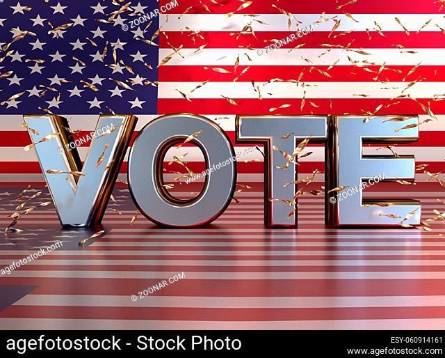 Silver Word Vote on the American flag with shiny confetti, American presidential election concept, 3d rendering