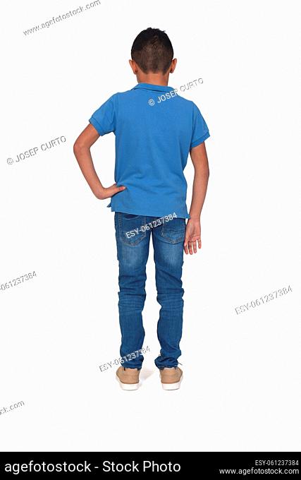 rear view of boy with hand hip on back on white background