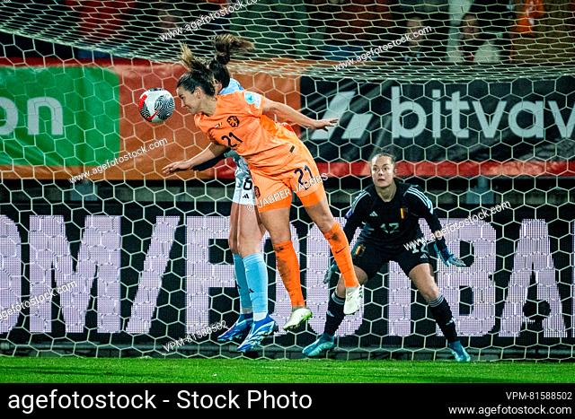 Dutch Damaris Egurrola scores a winning goal during a soccer match between Belgium's national women's team the Red Flames and the Netherlands