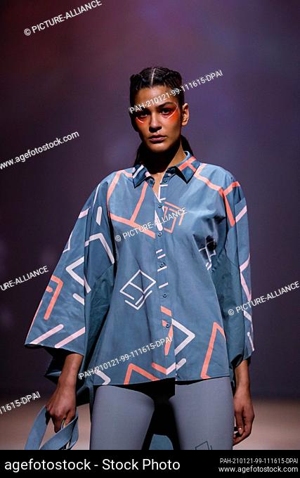 20 January 2021, Berlin: A model shows a creation by designer Elias by Elias Rumelis for the fall/winter season 2021/2022 during Mercedes-Benz Fashion Week at...