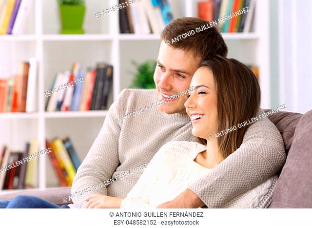 Portrait of a happy couple hugging looking away sitting on a couch at home