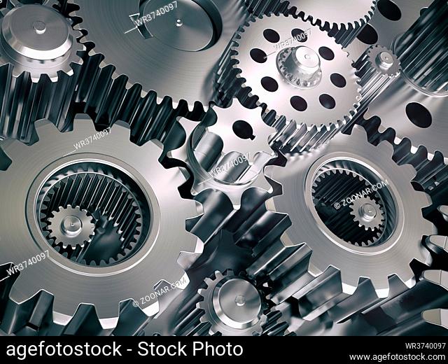 Engine gears wheels and cogwheels. Industrial background. 3d illustration
