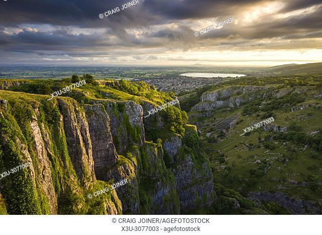 View over Cheddar Gorge and the village of Cheddar on the southern edge of the Mendip Hills, Somerset, England