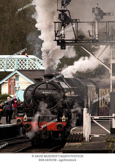 vintage steam locomotive 44871 LMS at Grosmont station, on The North Yorkshire Moors Railway, Yorkshire, UK
