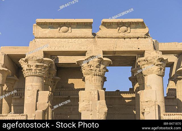 Pediment, detail, snakes, sun disk, main entrance, main temple, temple complex Kom Ombo, Egypt, Africa