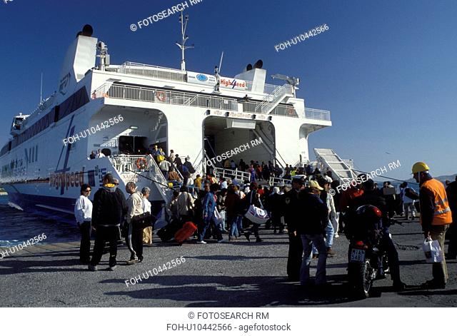 Naxos, Greece, Greek Islands, Cyclades, Europe, Ferry loading passengers in Hora Naxos Harbor on Naxos Island on the Aegean Sea