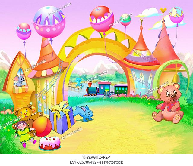 Digital Painting, Illustration of a Colorful Fairy Tale Arch in a Childhood Road. Cartoon Style Artwork Scene, Story Background, Card Design