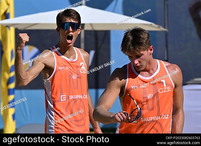 L-R David Westphal and Tadeas Trousil (CZE) celebrate winning set in the Brno Beach Pro 2023 tournament, part of the Beach Pro Tour world series