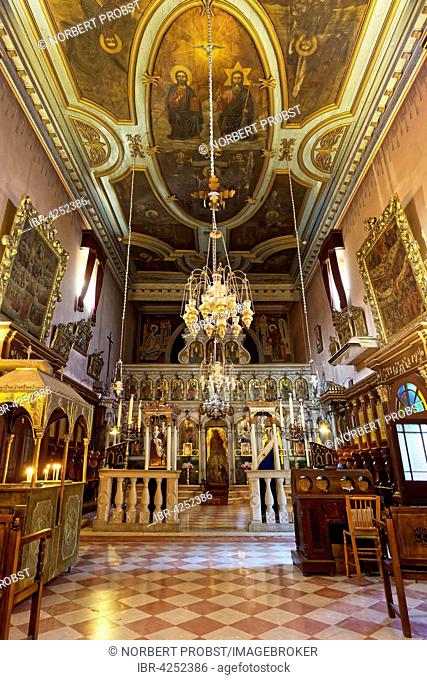 Interior of the Greek Orthodox monastery Church, monastery of Panagia Theotokos tis Paleokastritsas or Panagia Theotokos, Paleokastritsa, Corfu, Ionian Islands