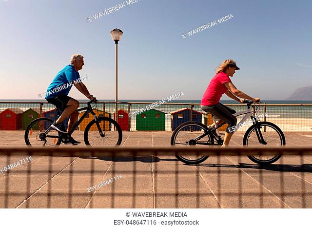 Senior couple riding a bicycle on a promenade at beach