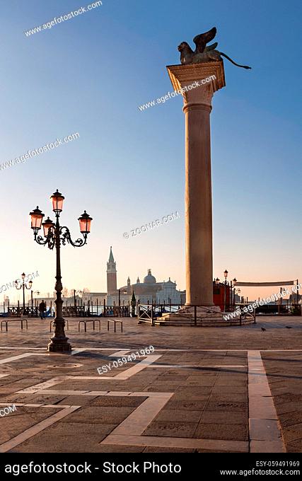 Piazza San Marco and Winged Lion Column in the Morning, Venice, Italy