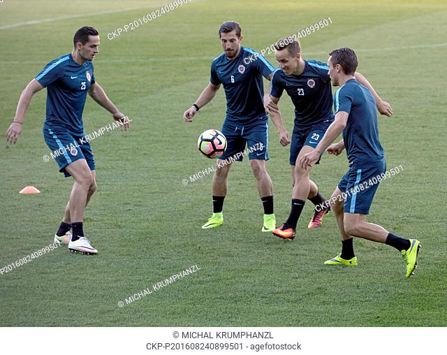 Sparta players attend a training session prior to the fourth qualifying round of the Europa League return match Sparta Praha vs Sonderjyske in Prague