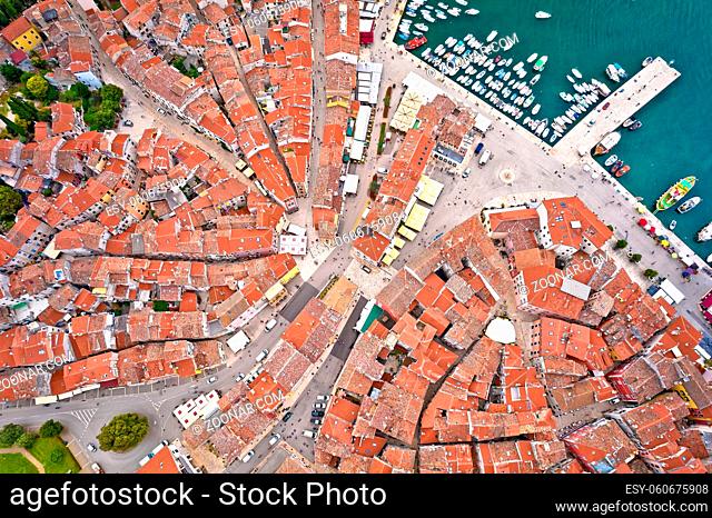 Rovinj rooftops and harbor aerial view, Istria region of Croatia