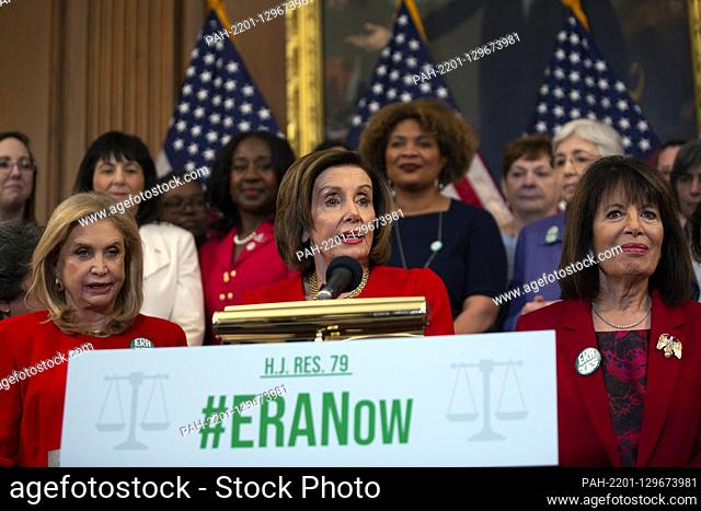 Speaker of the United States House of Representatives Nancy Pelosi (Democrat of California), alongside several House Democrats and advocates for the amendment