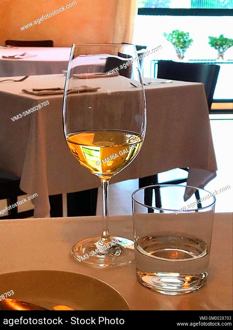 Glass of white wine in a restaurant. Spain