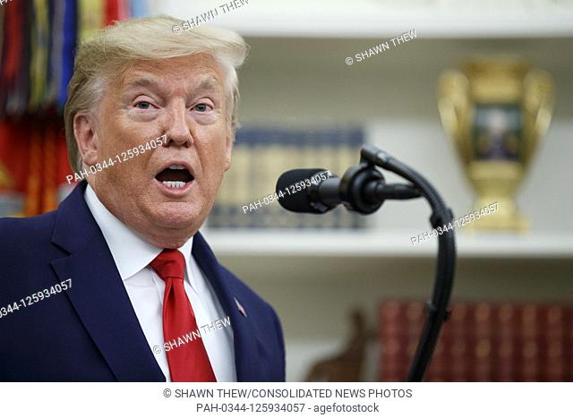 US President Donald J. Trump delivers remarks during a Presidential Medal of Freedom ceremony for American racing magnate Roger Penske in the Oval Office of the...