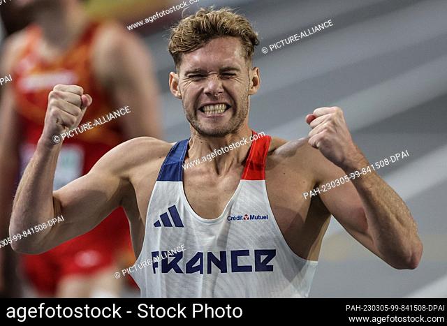 05 March 2023, Turkey, Istanbul: Athletics/indoor: all-around 1000 meters, men. Kevin Mayer from France cheers after the overall victory