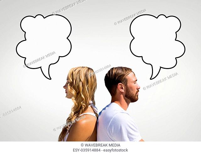 Couple with speech bubbles against grey background