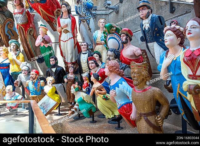 LONDON, UK - JUNE 29, 2019 A gorgeous collection of colorful ship figureheads on Cutty Sark ship in London Greenwich area