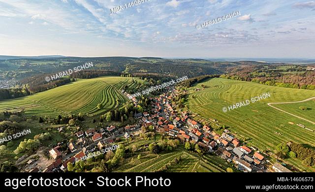 Germany, Thuringia, Masserberg, Heubach, village nestles in two valleys, meadow terraces, Rennsteig surroundings, morning light, overview, aerial photo
