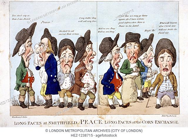 'Men bemoaning peace', London, 1815; four unhappy men at Smithfield and four unhappy men at the Corn Exchange bemoan the effect of peace