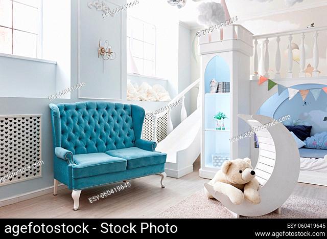 Shot of a spacious blue children's room. decorative castle game